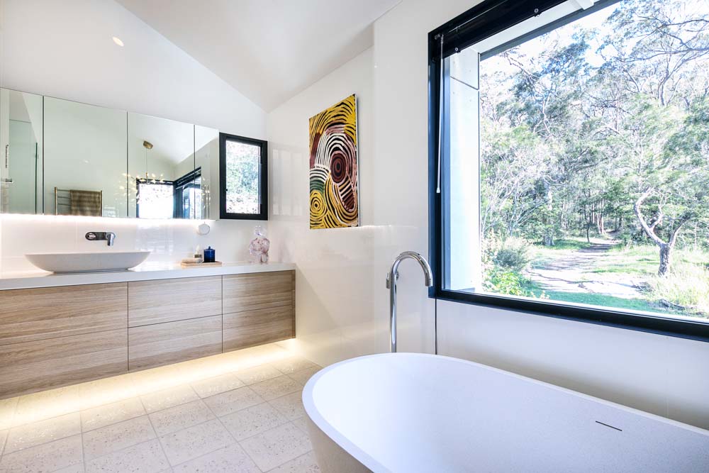 custom home builders Woronora Home Renovation - Bathroom renovation - Modern elegant bathroom with beige and white fitting